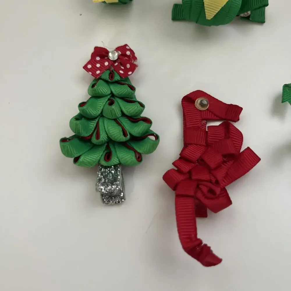 Lot Of 9 Ribbon Designed Hair Clips Christmas Bulldog Gators More